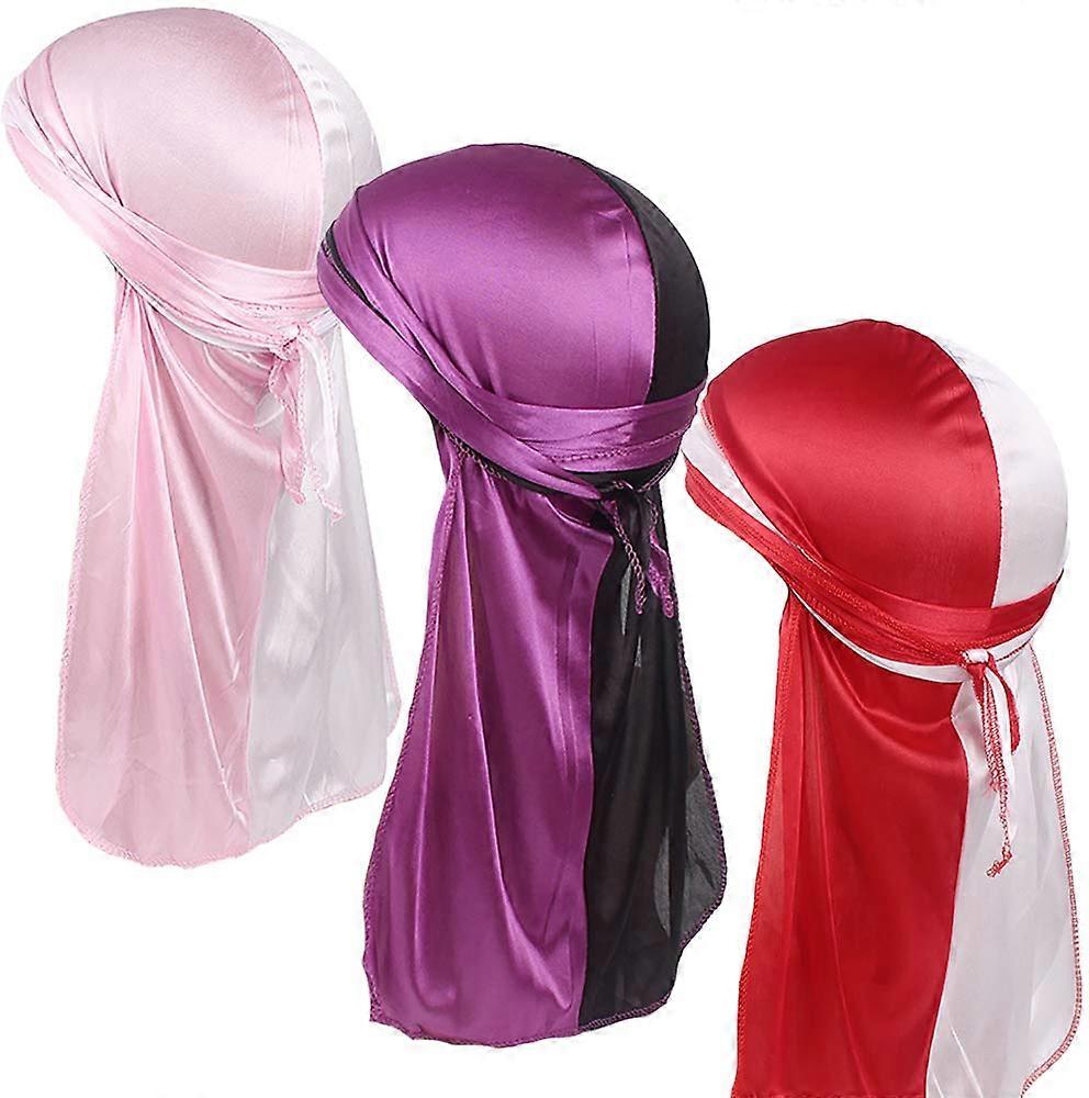 Silky Long Tail Durag Set for 360 540 720 Waves Color Block Design LowFriction Fabric 3PCS