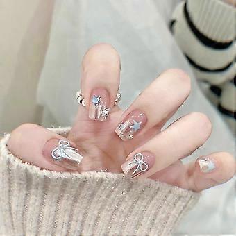 Square Short Press On Nails with Blue Bow Rhinestones, Reusable Soft Gel Fake Nails, 30pcs Set