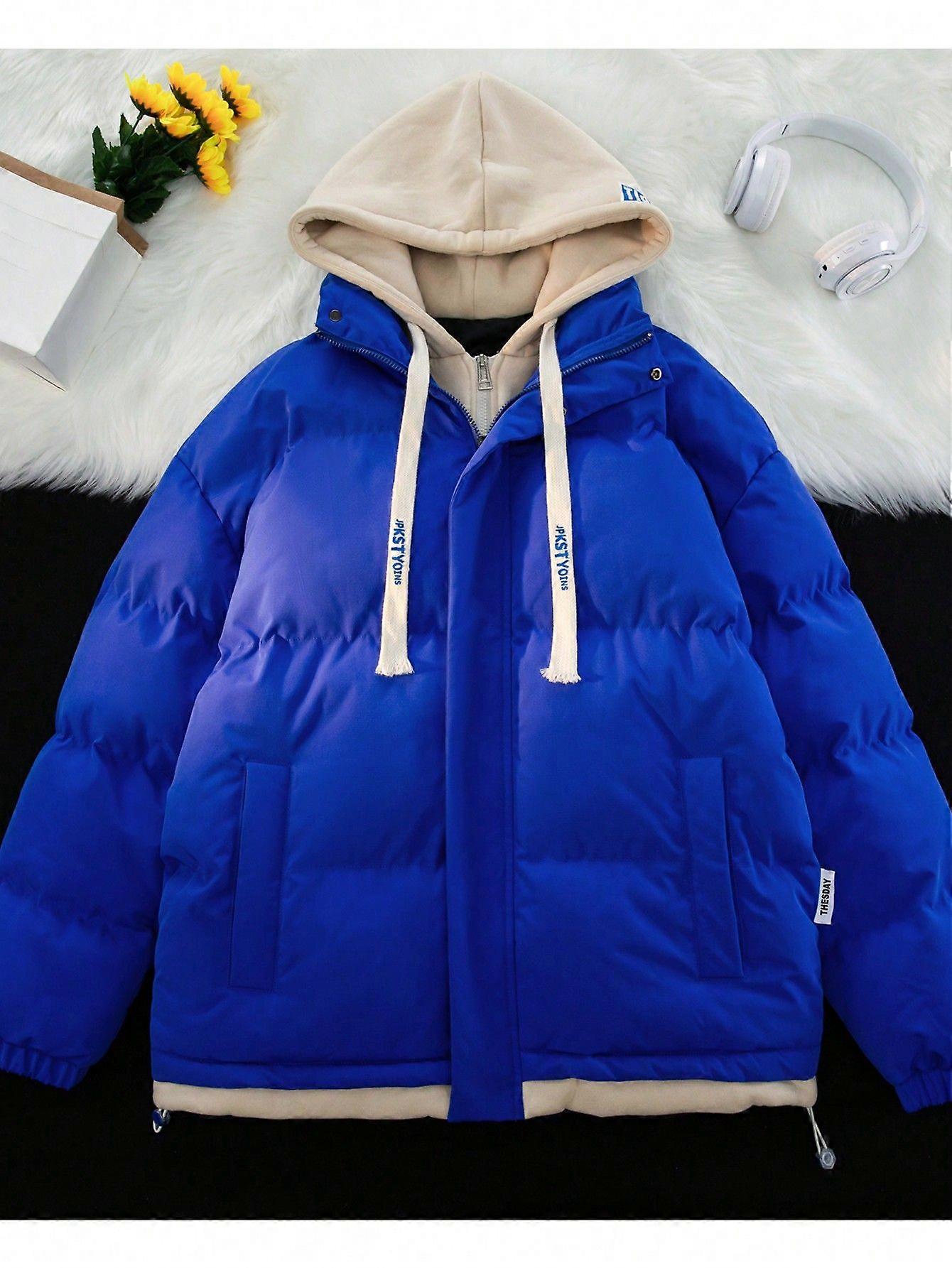 Men Colorblock Drawstring Hooded Puffer Coat