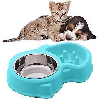 Doppelter Wasser- und Futternapf, 1 Edelstahlnapf und 1 Anti-Gefräß-Napf für Katzen und kleine Hunde (blau)