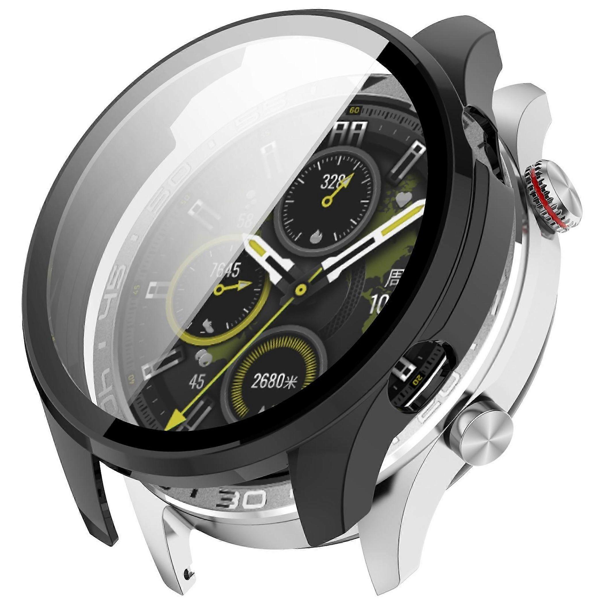 For Honor Watch 5 Pro Plastic Smart Protective Case + 9H Tempered Glass Black