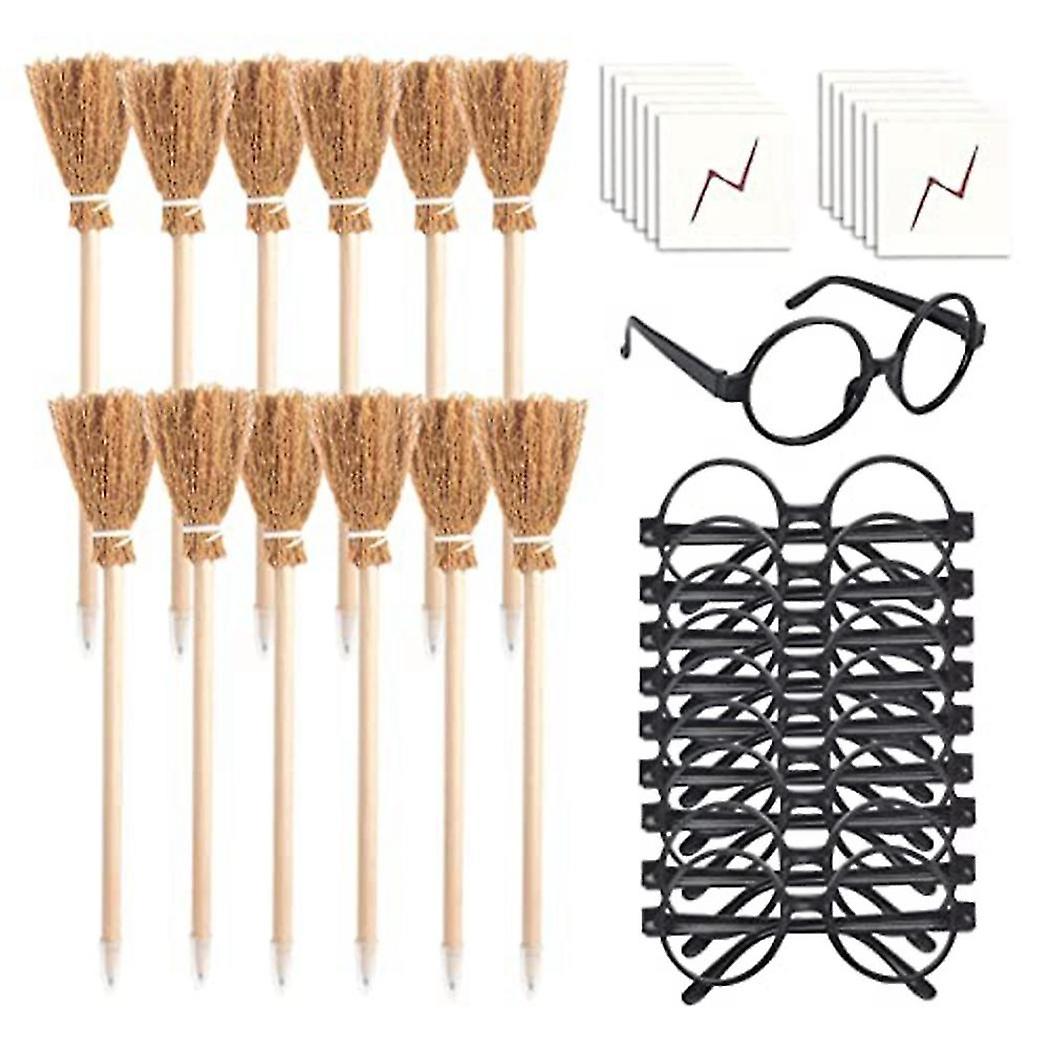 Wizard Party Supplies - Wizard Glasses With Round Frame No Lenses,witch Broom Pencil & Flash Scar T