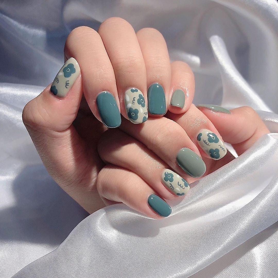 False Nail Tips Fake Artificial Art DIY Finger Cover MorAndi Gray Blue Small Flower Finished Waterpr