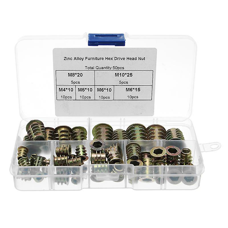 50Pcs M4 To M10 Zinc Alloy Wood Furniture Hex Socket Drive Threaded Insert Nut Assortment Kit