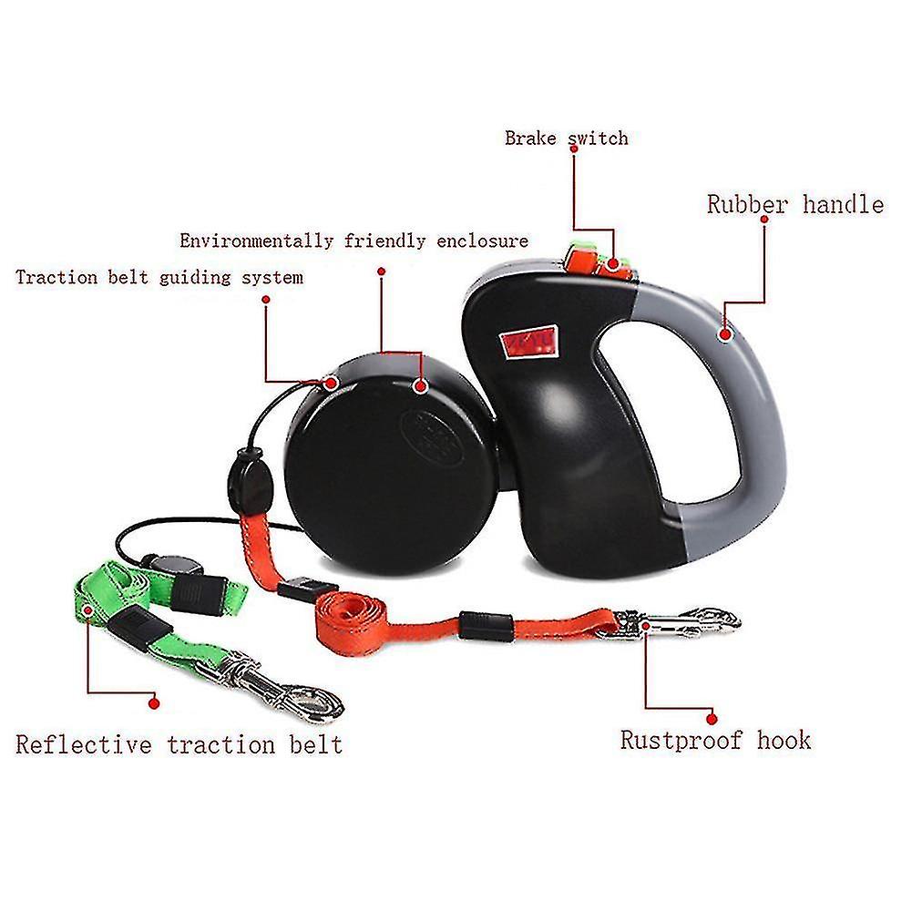 Dual Headed Pet Leashes Automatic Retractable Dogs Traction Rope Double Dog Walking Leash(black)