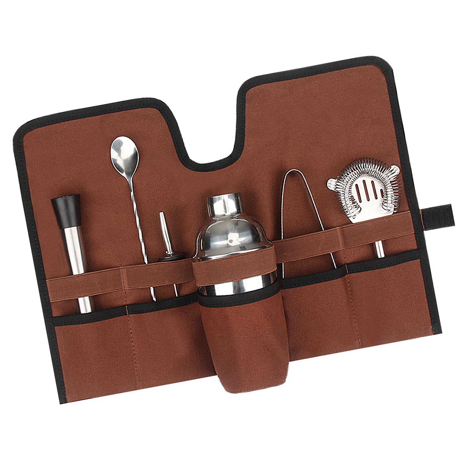 סט קוקטיילים בד לשאת תיק נייד מתקפל רול רצועת מקצועי מיקסולוגיה ברמן תיק לקמפינג חיצוני חום 