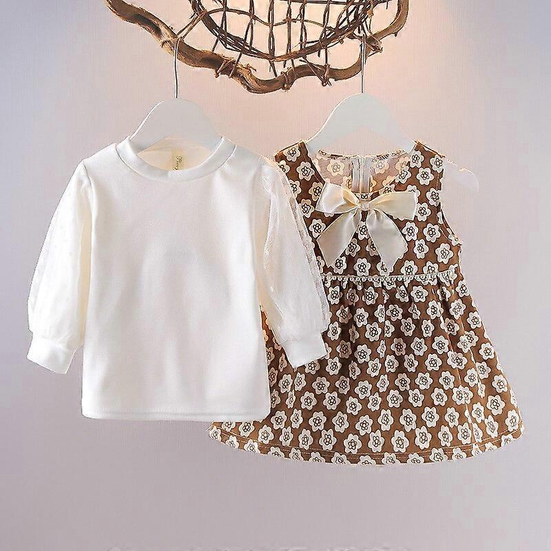 Fsu Fall Baby Girls Dresses Cute Korean Toddler Children Long Sleeve Bottoming Top Pearls Bow Print