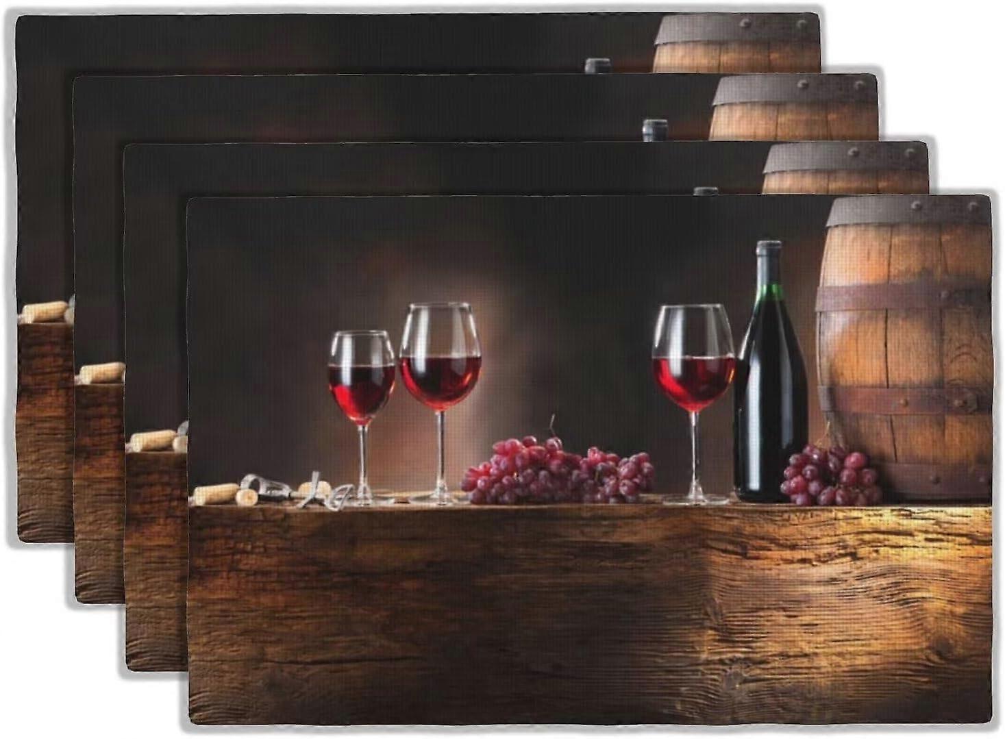Red Wine Placemats Set of 4 Glasses of Red Drink Wine Grapes and Wooden Barrels Linen Washable Place Mats Rectangular Cloth Table Mat for Party Kitche