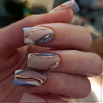 24Pcs Press on Nails Square French Tip False Nails Medium Length Nude Blue Stick on Nails with Gold Lines Design Acrylic Artificial Fake Nails Kit for