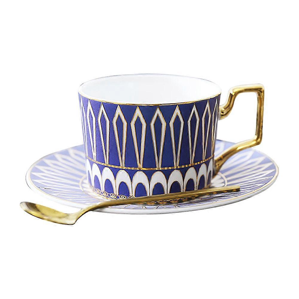 Coffee cup with plate and spoon, 2007 ml porcelain cappuccino cup with gold rim, used for latte, mocha, cappuccino and tea.