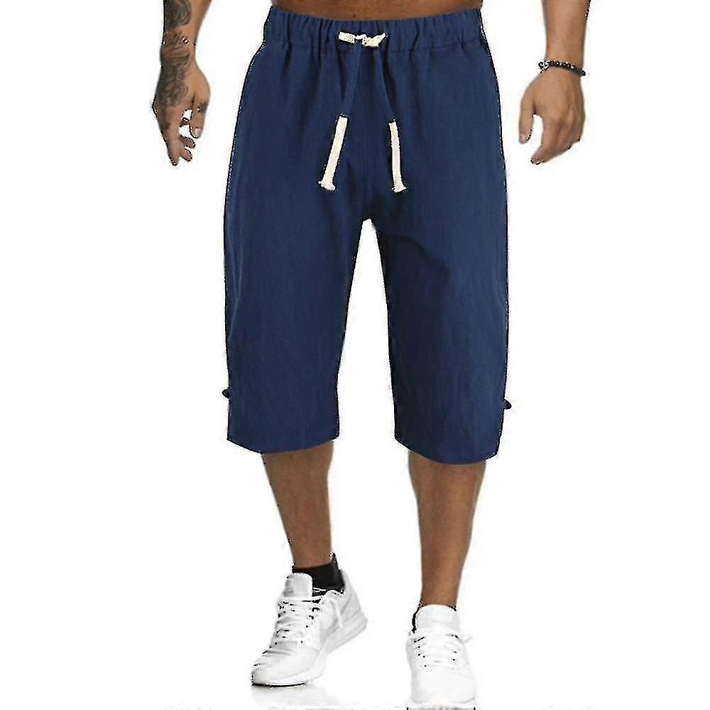 Män Sommar Linen Look Capri Byxor Casual Elastisk Midja 3/4 Längd Byxor Plus Size-