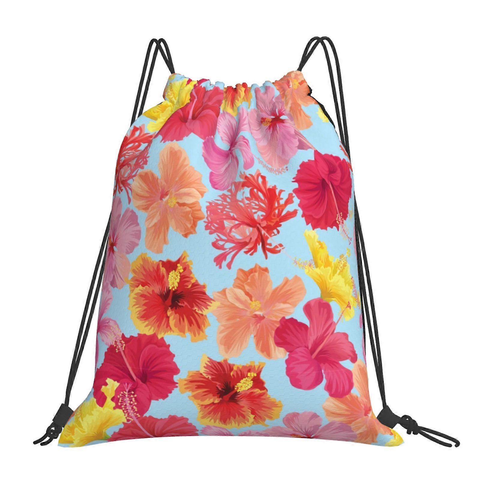 Hibiscus Flowers Pattern Drawstring Backpack Waterproof Gym Bag For Party Traveling Sport Storage Use