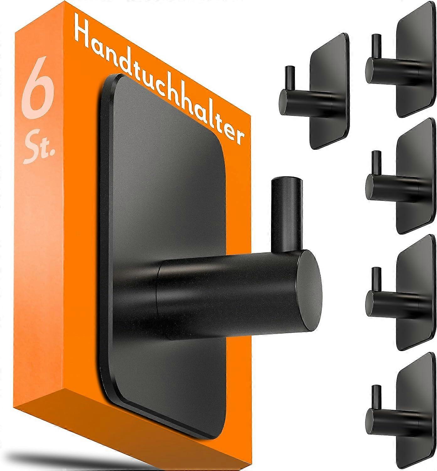 Towel Rail No Drilling Set of 6 Black Hooks Self-Adhesive with 3M Adhesive Pads Rustproof Adhesive Hooks Extra Strong as Towel Hooks for Bathroom and 