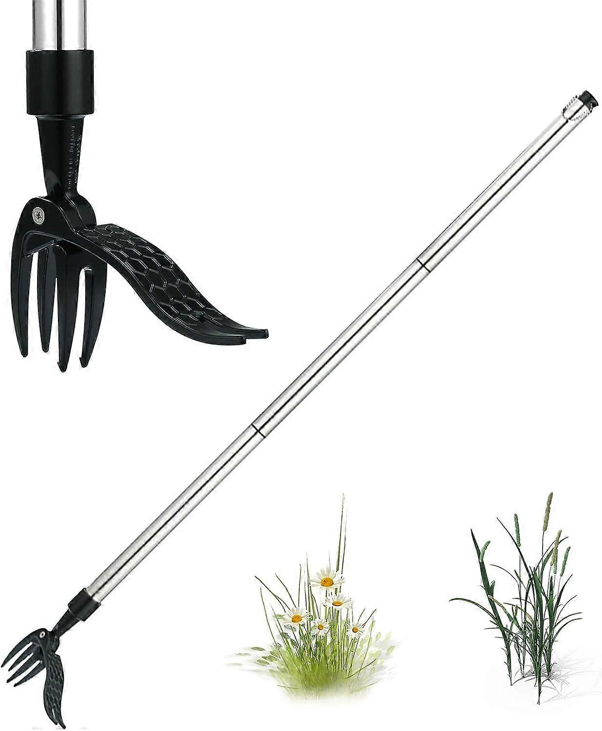 Weed Puller - Long Handle Weeding Tool with 4 Claws - Manual Weed Puller - Weed Root Weeding Tool - 3 Stage Adjustable Clamp
