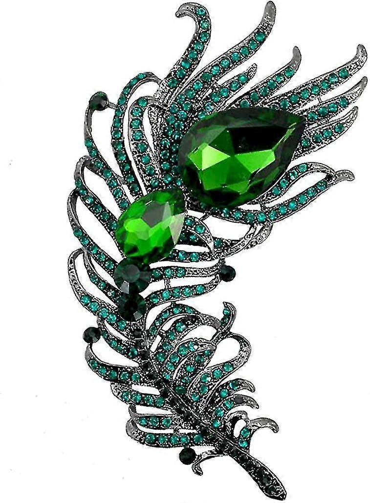4.2in Big Large Statement Scarf Hats Decoration Green Feather Pin Brooch Black Tone