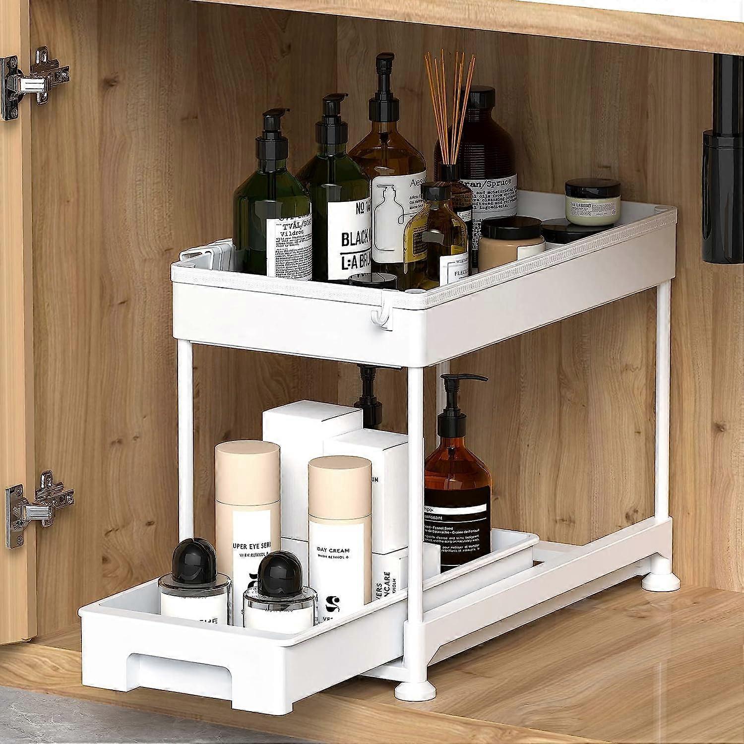 2 Tier Kitchen Under Sink Storage with Sliding Drawer, Multi-Function Storage Shelf with Hooks for Kitchen, Bathroom, Laundry Room, White