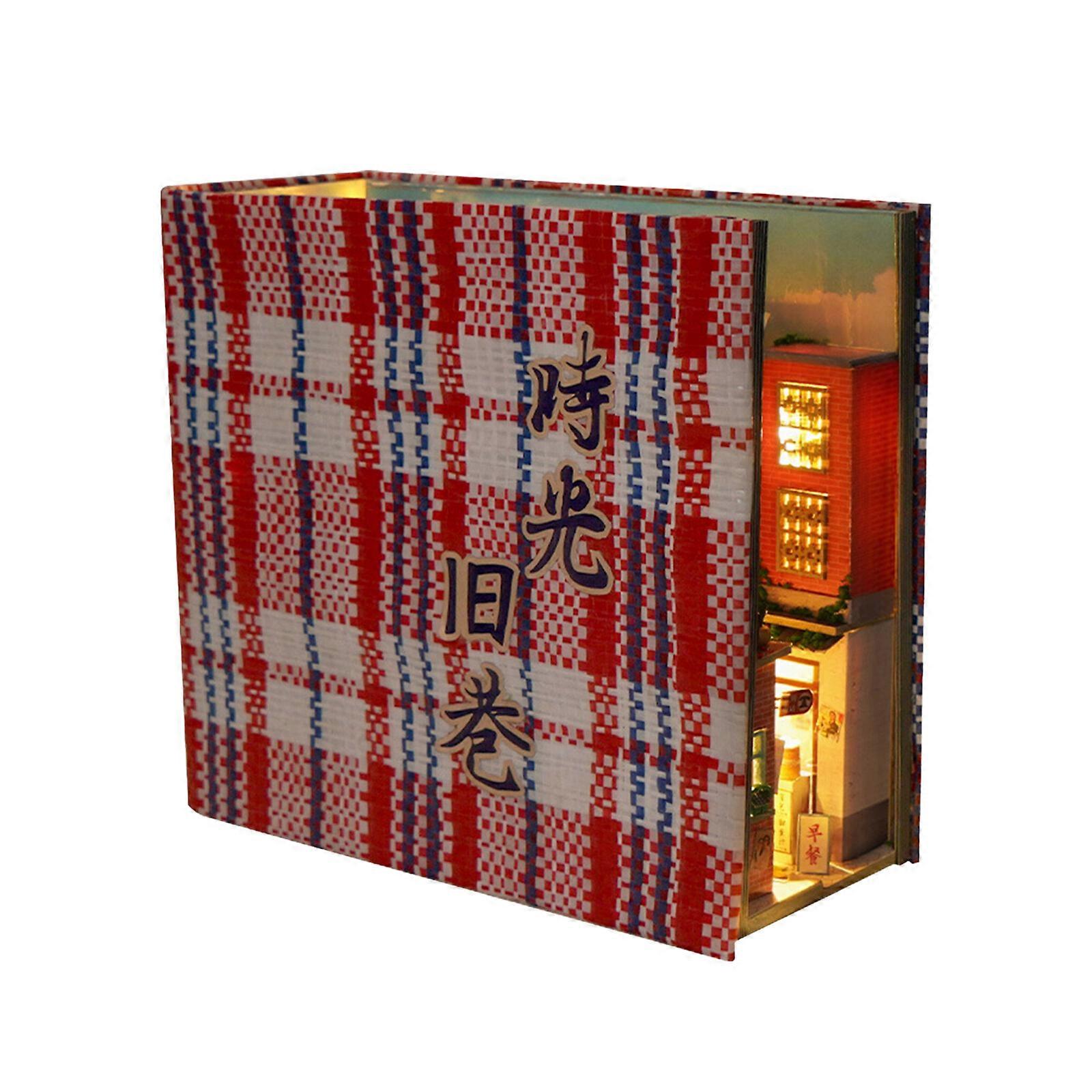 3D Wooden Puzzle Bookends with LED Light Shelf Insert, DIY Book Nooks Kit, Miniature Model Building Set, Creative Gift