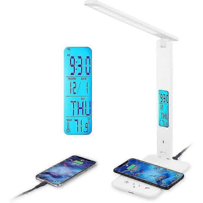 Led Desk Lamp With 10w Wireless Charging And Usb Charging Port, 3 Color Temperatures, 3 Brightness Levels, Touch Control, Time, Temperature, Clock Fun