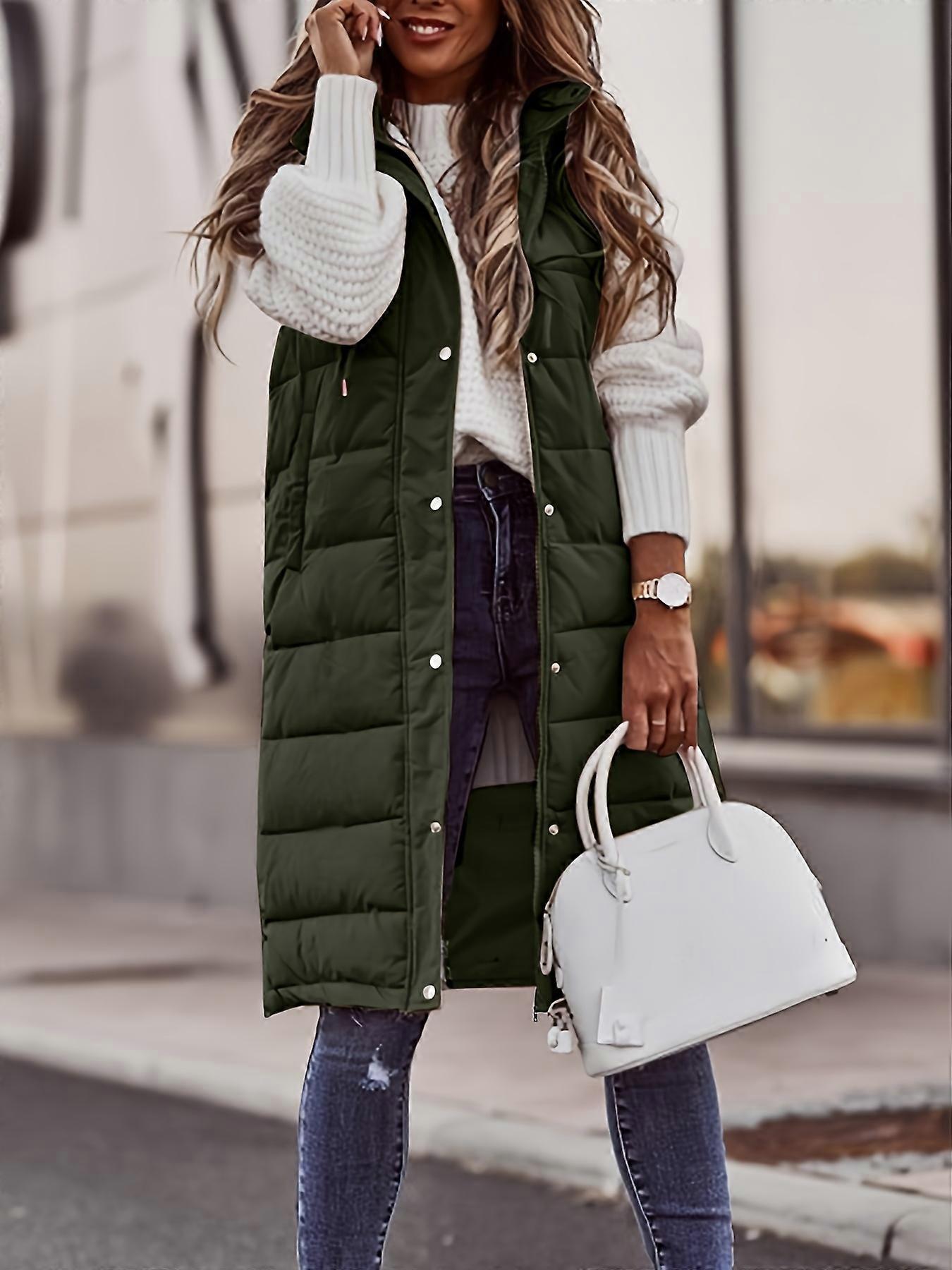 New style Button Front Hooded Coat, Casual Sleeveless Long Length Outerwear, Women's Clothing