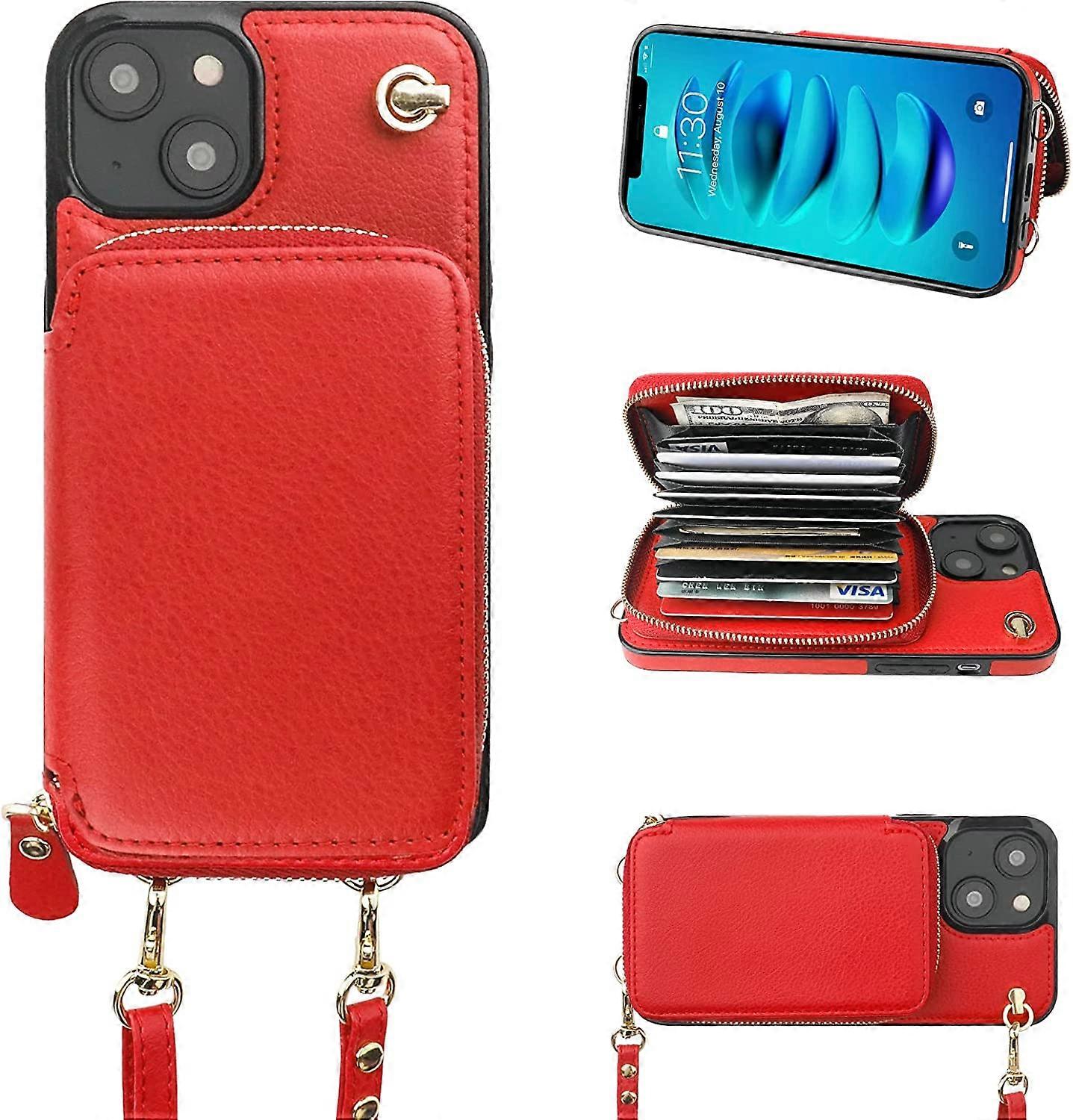 Crossbody Wallet Case for iPhone 14, RFID Blocking Leather Purse Case with Card Holder, Protective Handbag Flip Cover with Zipper Wrist Strap Lanyard 