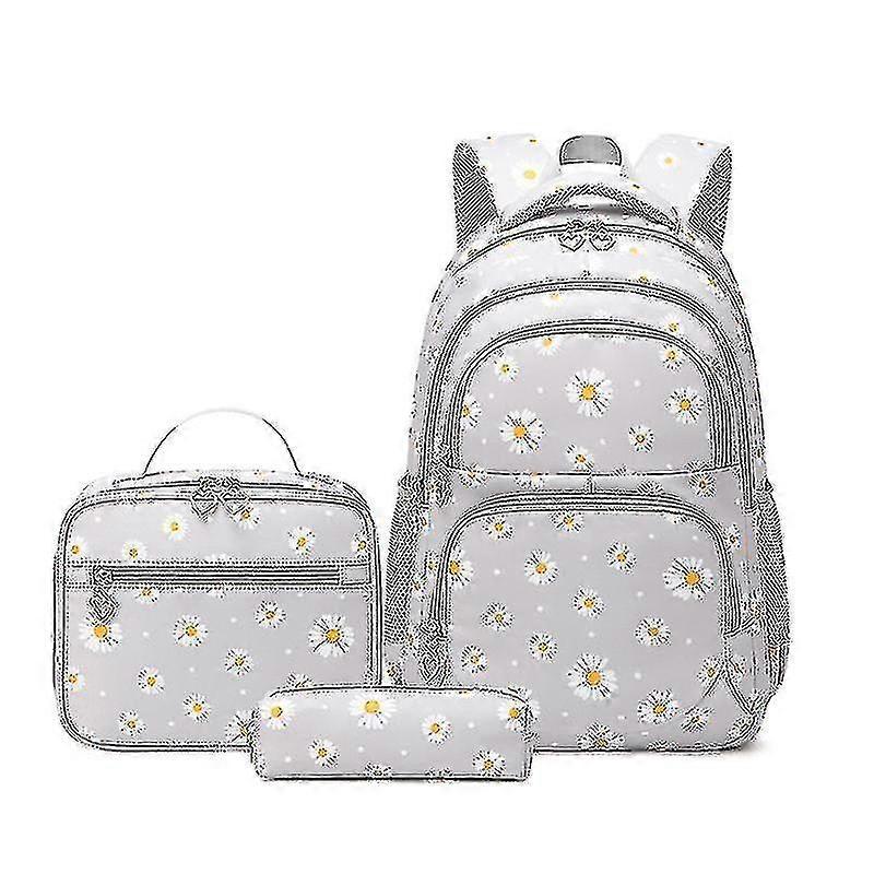 Three Piece Backpack Set With Daisy Print Includes Backpack + Lunch Bag + Pencil Case #grey High Quality