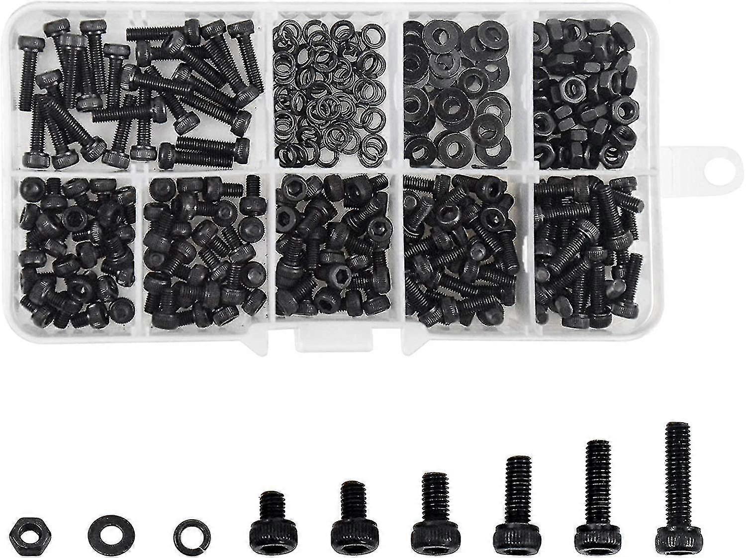 300 Pcs M3 Carbon Steel Alloy Hex Socket Head Cap Screws With M3 Nuts Hex Bolts Socket Washers, Black, Assorted Size 4/5/6/8/10 / 12mm