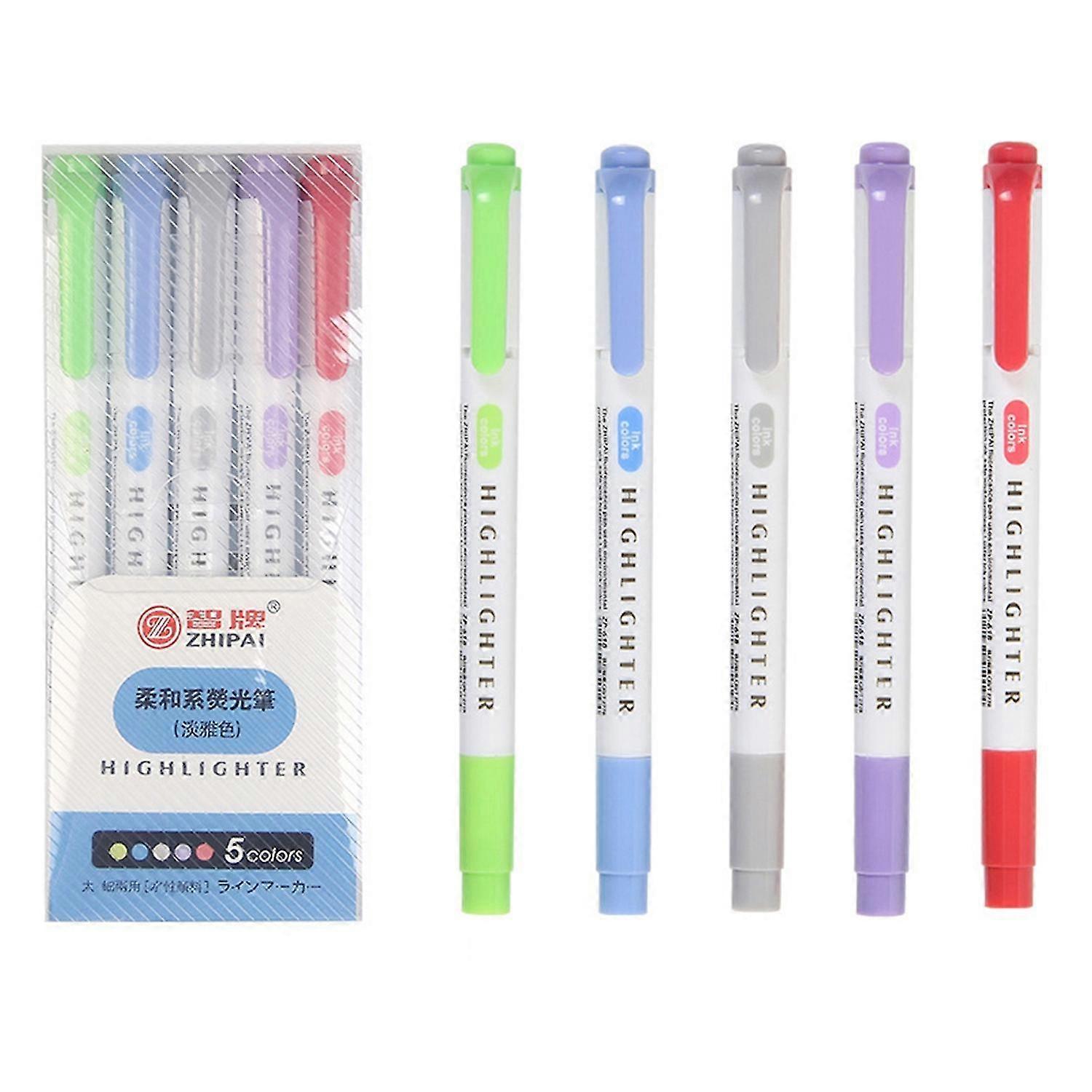 5 Colors Dual Tip Highlighter Pens Broad Chisel and Fine Tips Marker Pen for for School Students Off