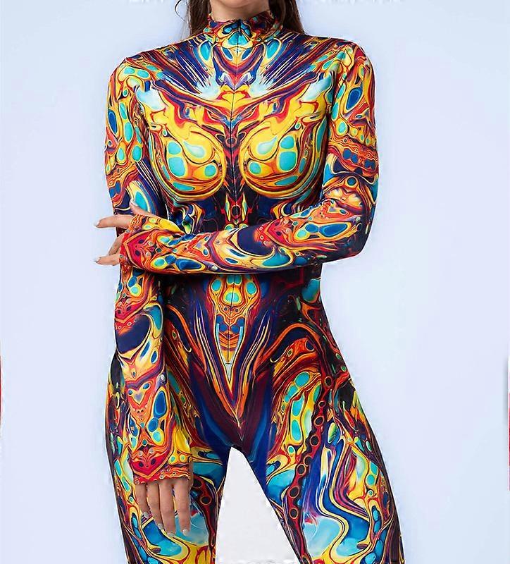 女性のためのサイバーパンクジャンプスーツカラフルな3Dプリントボディスーツハロウィーンカーニバルパーティーコスチューム