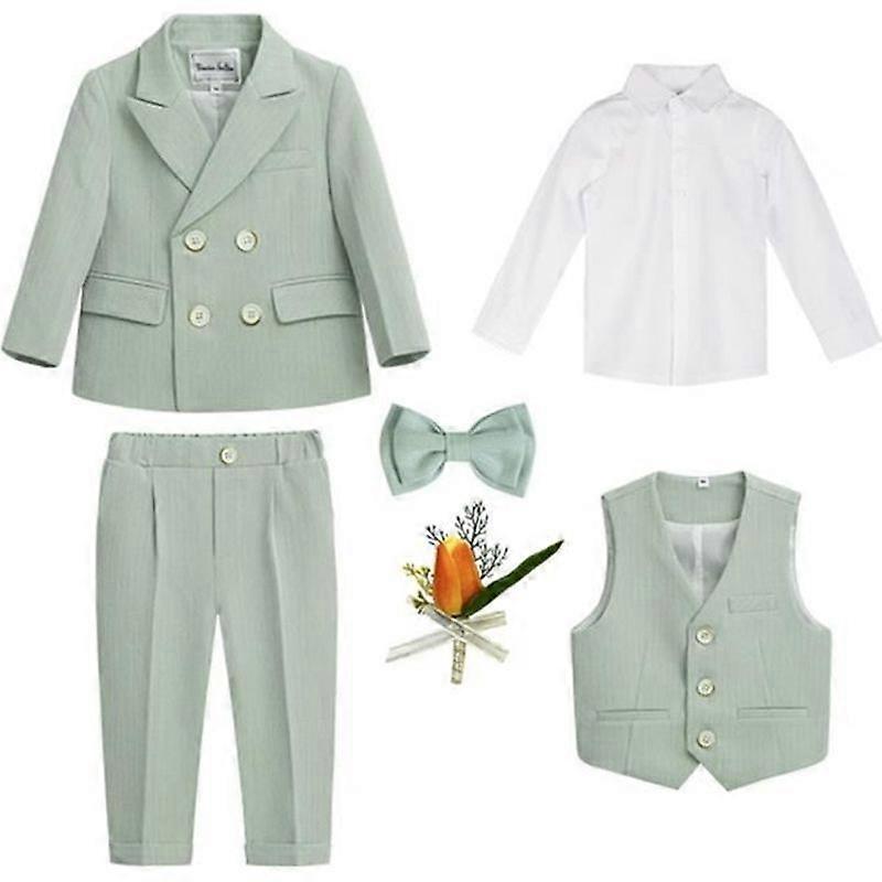 6 Pieces Boys Suit Set Tuxedo Kids Gentleman Costume Set Evening Wedding Ceremony Party 5-6 Years Green B