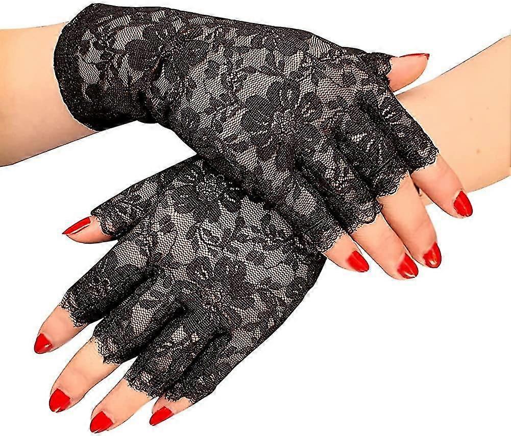 قفازات الدانتيل الأسود السيدات نصف إصبع قفازات الدانتيل حماية الأشعة فوق البنفسجية للثوب يتوهم