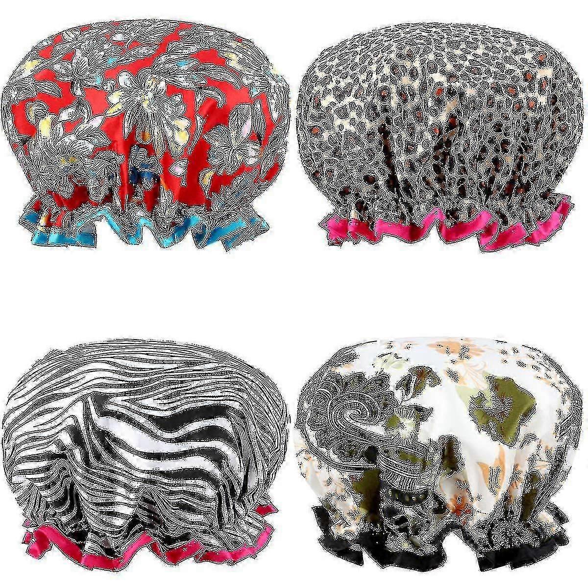 Shower Cap,4 Pack Bath Cap Designed For Women Waterproof Double Layer