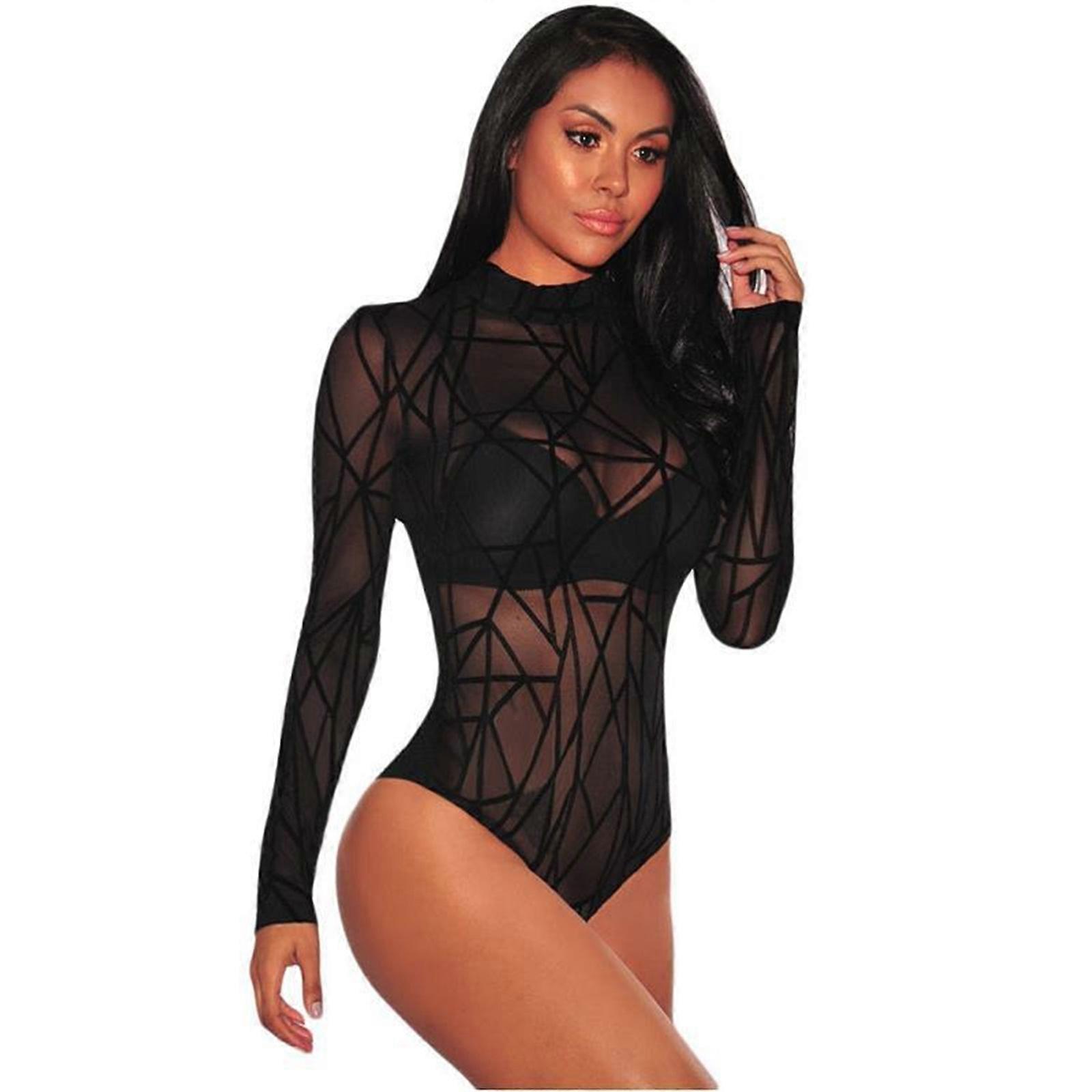 Women's Sexy Summer Long Sleeve Mock Neck Bodysuit Top Fitting Bodysuit Jumpsuit Leotard Clothing Bodysuits  Black XL
