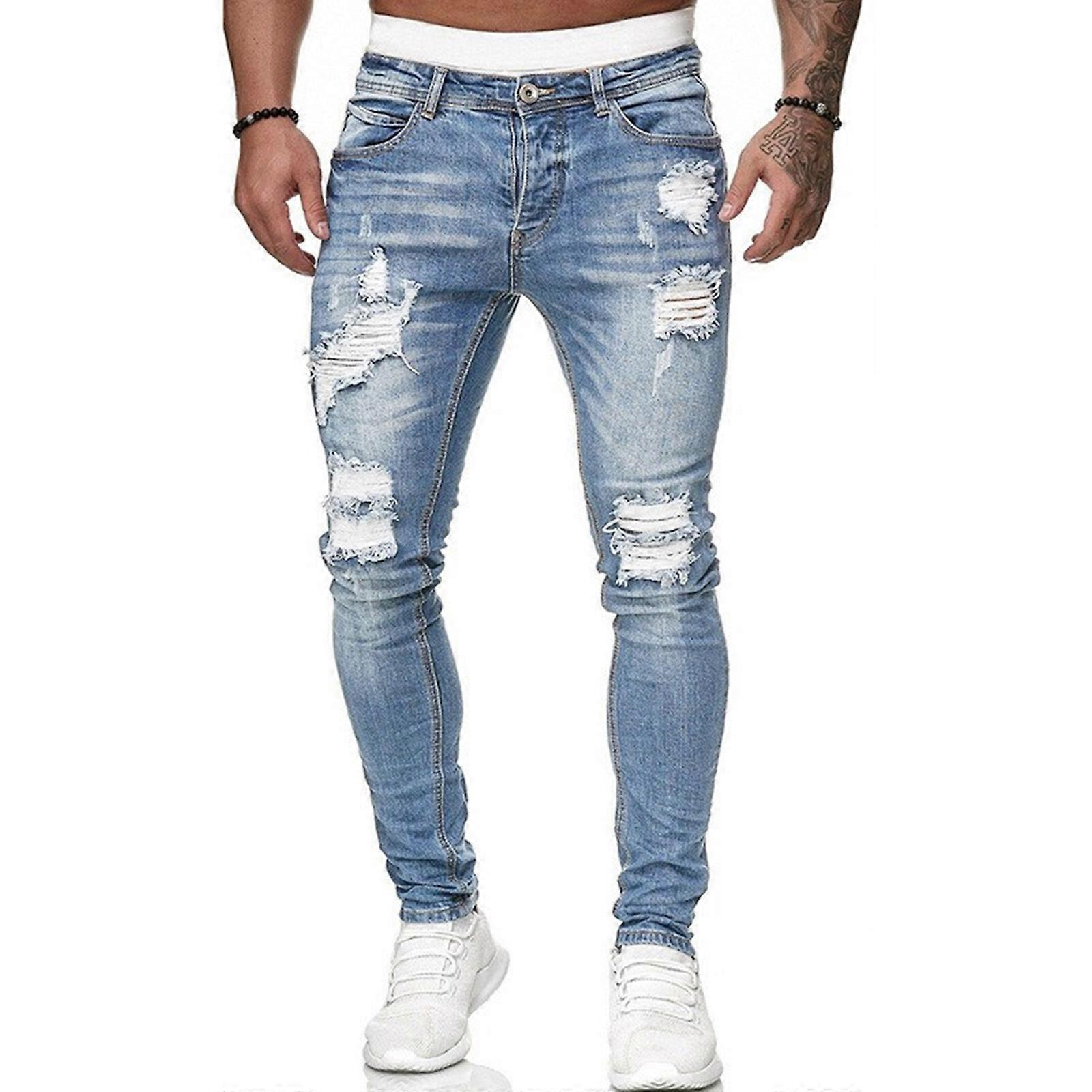 Man Distresseds Rippeds ג'ינס רגל ישרה Slim Fit אלסטי ג'ינס מכנסיים היפהופ סטרצ'י ג'ינס מכנסיים Streetwears תכלת XL