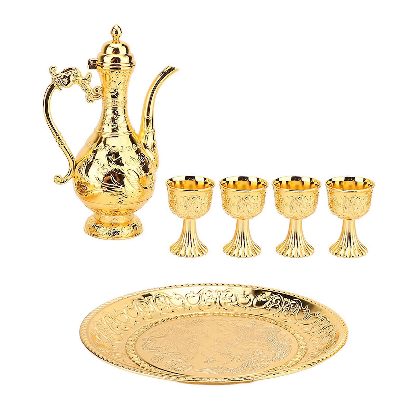 Turkish Tea Set Vintage Exquisite Luxurious Metal Teapot Tea Tray and 4 Cups Set for Home Gold