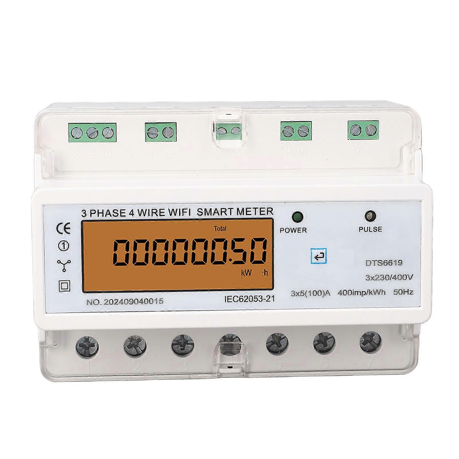 3 Phase 4 Wire WiFi Power Backlit Screen APP Control DIN Rail Smart Energy Meter 3x230V 400VAC 3x5 100A