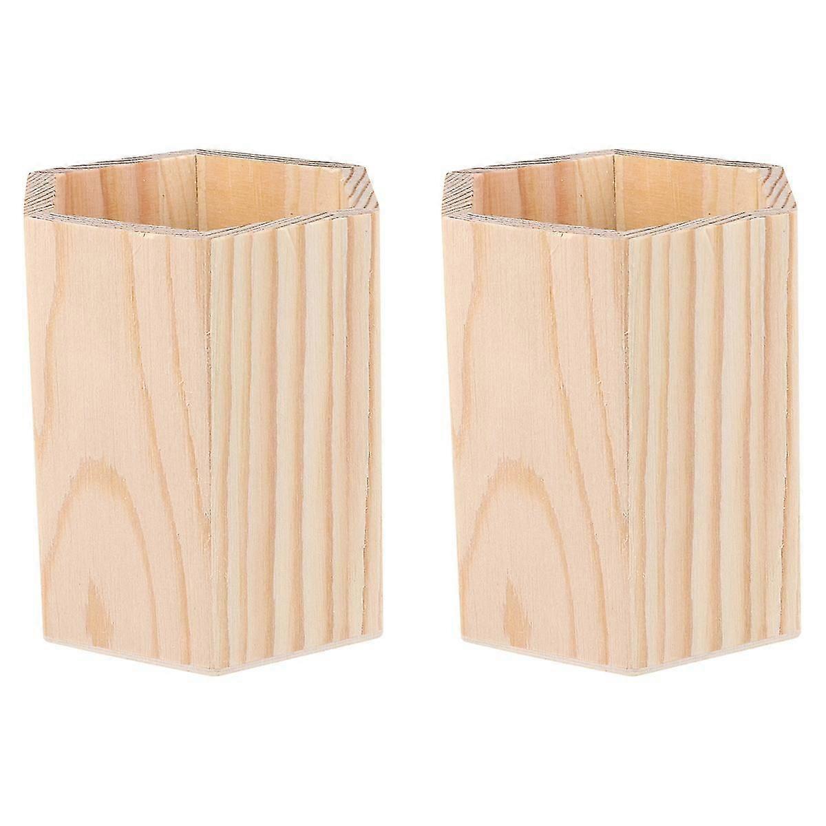 2 Pcs Single Compartments Wooden Container Pen Holder Office Organizer Unfinished Solid Color Case Pot For Home Office Diy Graffiti (hexagon Tube)