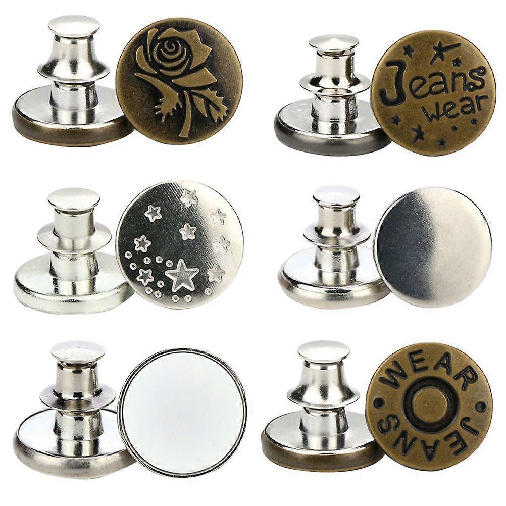 6pcs Alloy Detachable Floral Buttons Jeans Easy Clip Snap Button Perfect Fit Instant Universal Buckles Thin Waist Replacement No Sew Needed Accessary