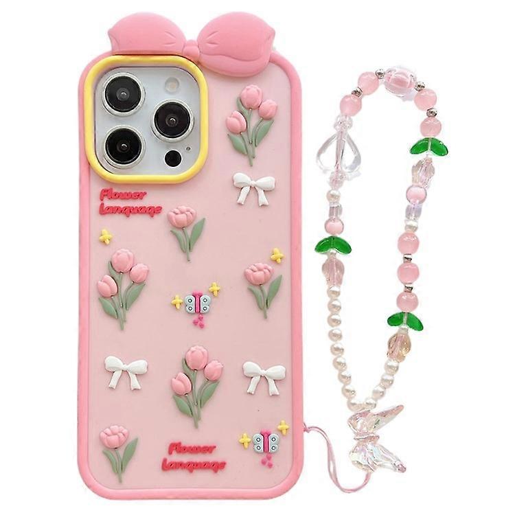 Compatible For iPhone 16 Pro Max Silicone Case Cute 3D Tulip Design Shockproof Phone Back Cover with Lanyard