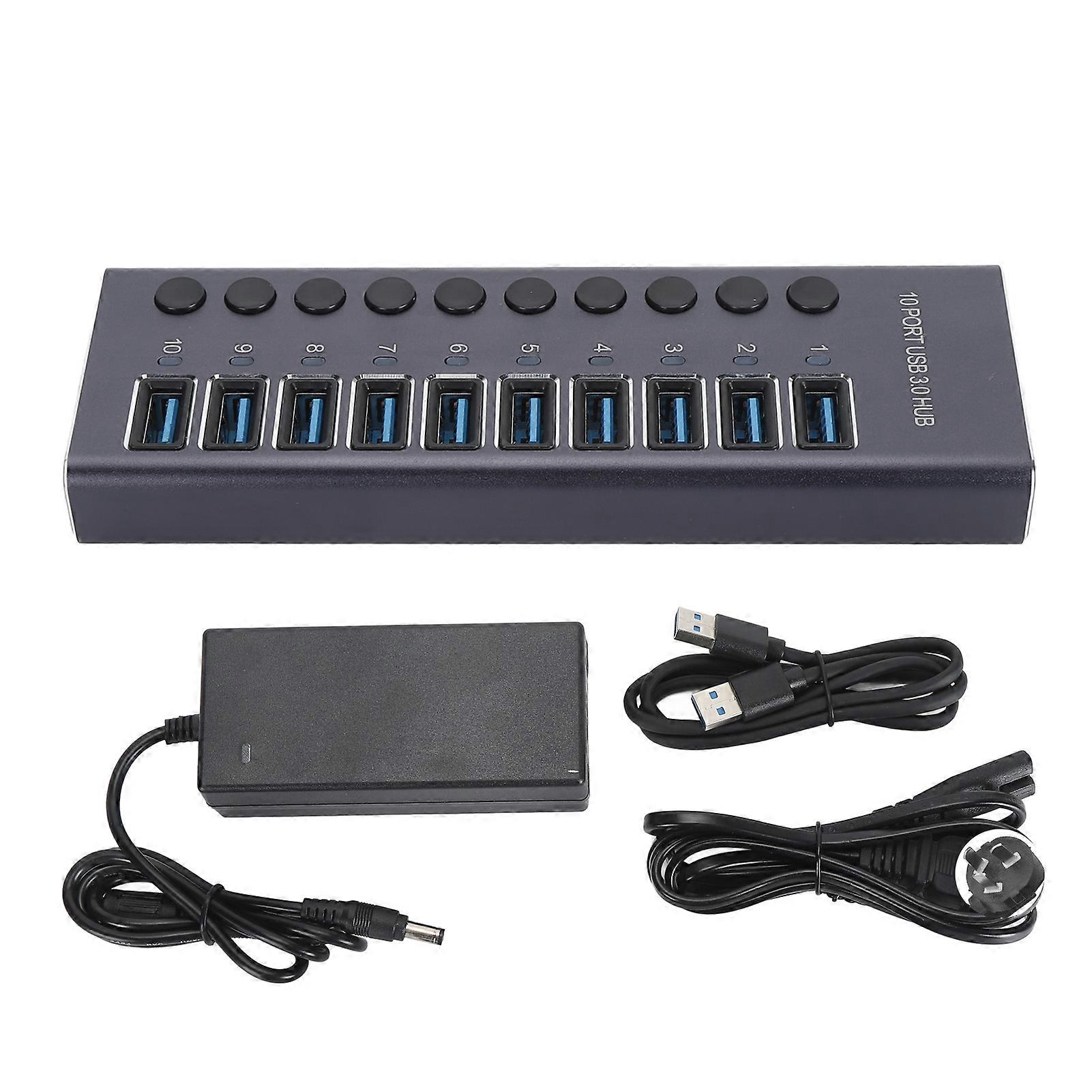 USB 3.0 Data Hub 10 Port Individual Switch USB Splitter with 60W Power Adapter for Laptop PC Game Console 100‑240V AU Plug