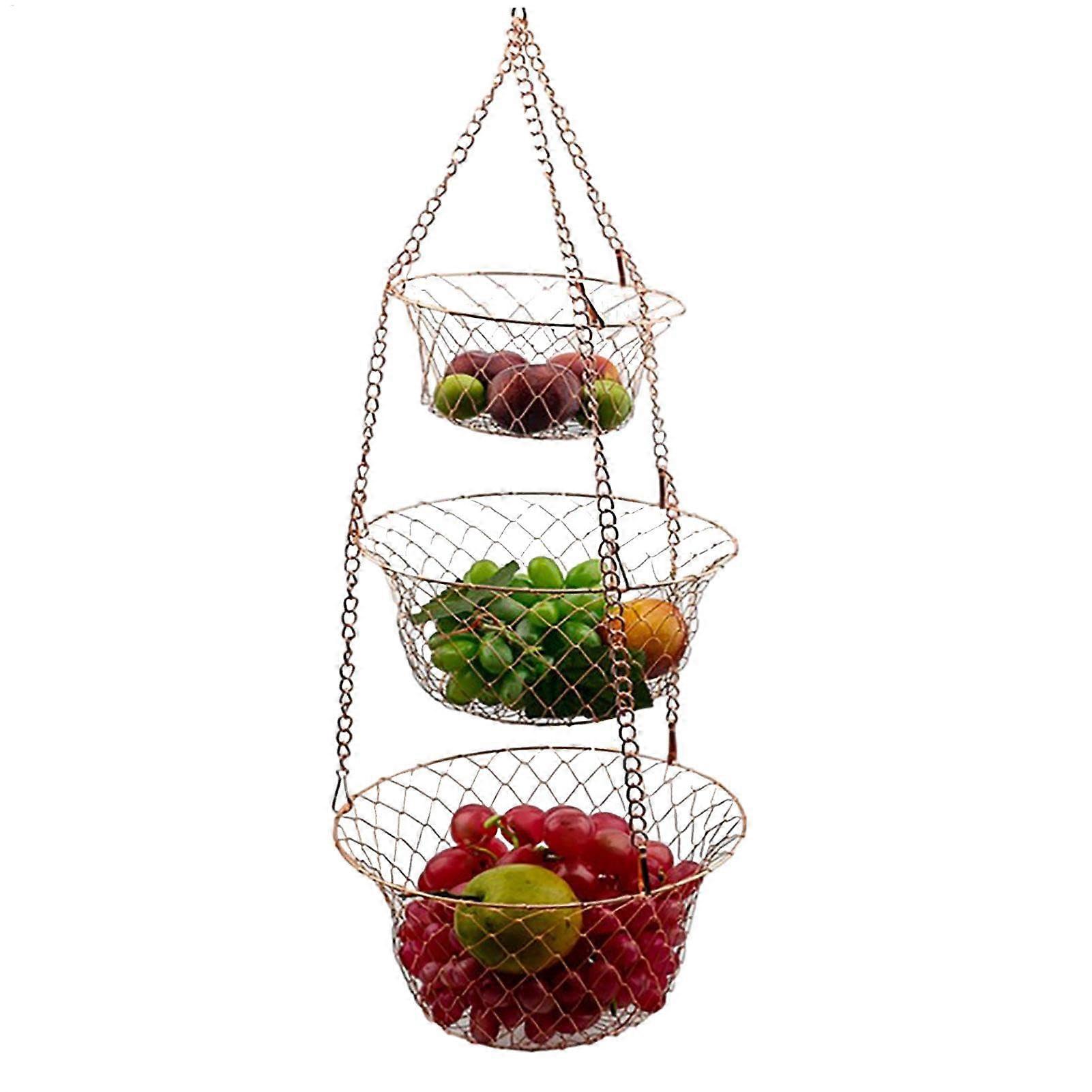 Hanging Fruit Basket, 3 Levels, Metal Black, Adjustable with Hooks