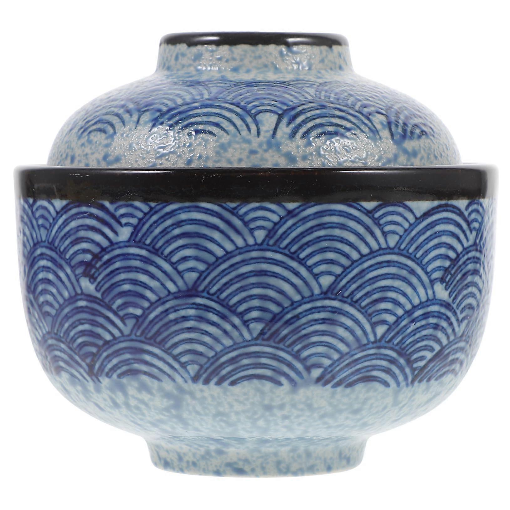 Japanese Soup Bowl With Lid, Multifunctional Miso And Ramen Bowl For Desserts, Yogurt And Fruits, Wave Pattern