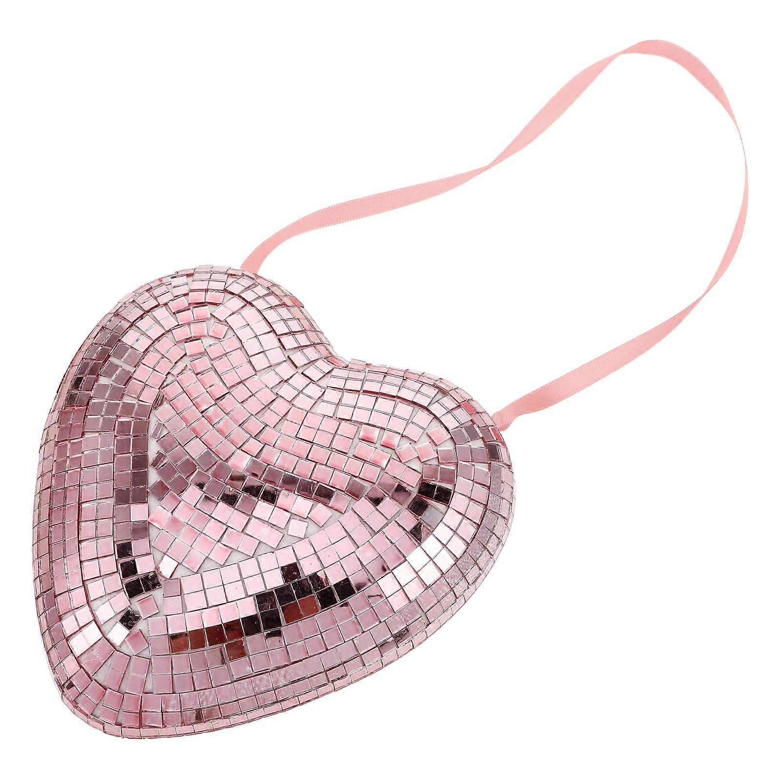 Disco Ball Heart Shaped Pink Reflective Hanging Decoration For Valentines Day Home 1Pack