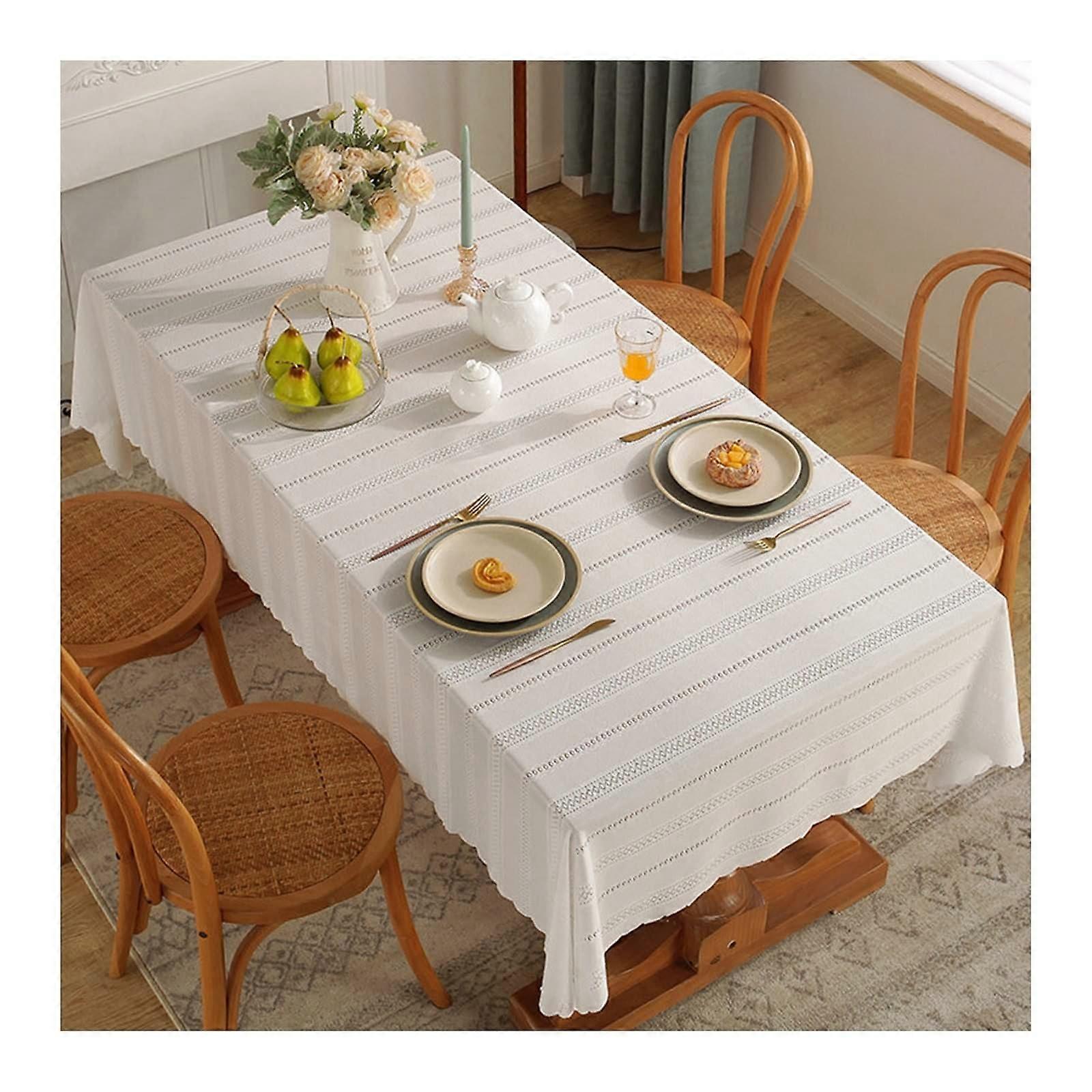 White Table Linen with Hollow Stripe Ruffled Edge Chiffon Tablecloth, Waterproof Mid-Table Cover 140x260CM for Weddings