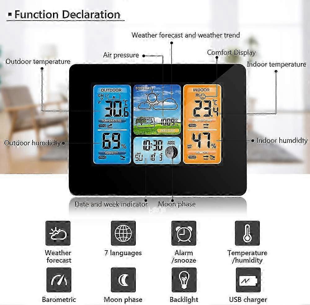 Digital Wireless Weather Station with Alert, Temperature, Humidity, Barometer, Alarm, Moon Clock, and Outdoor Sensor