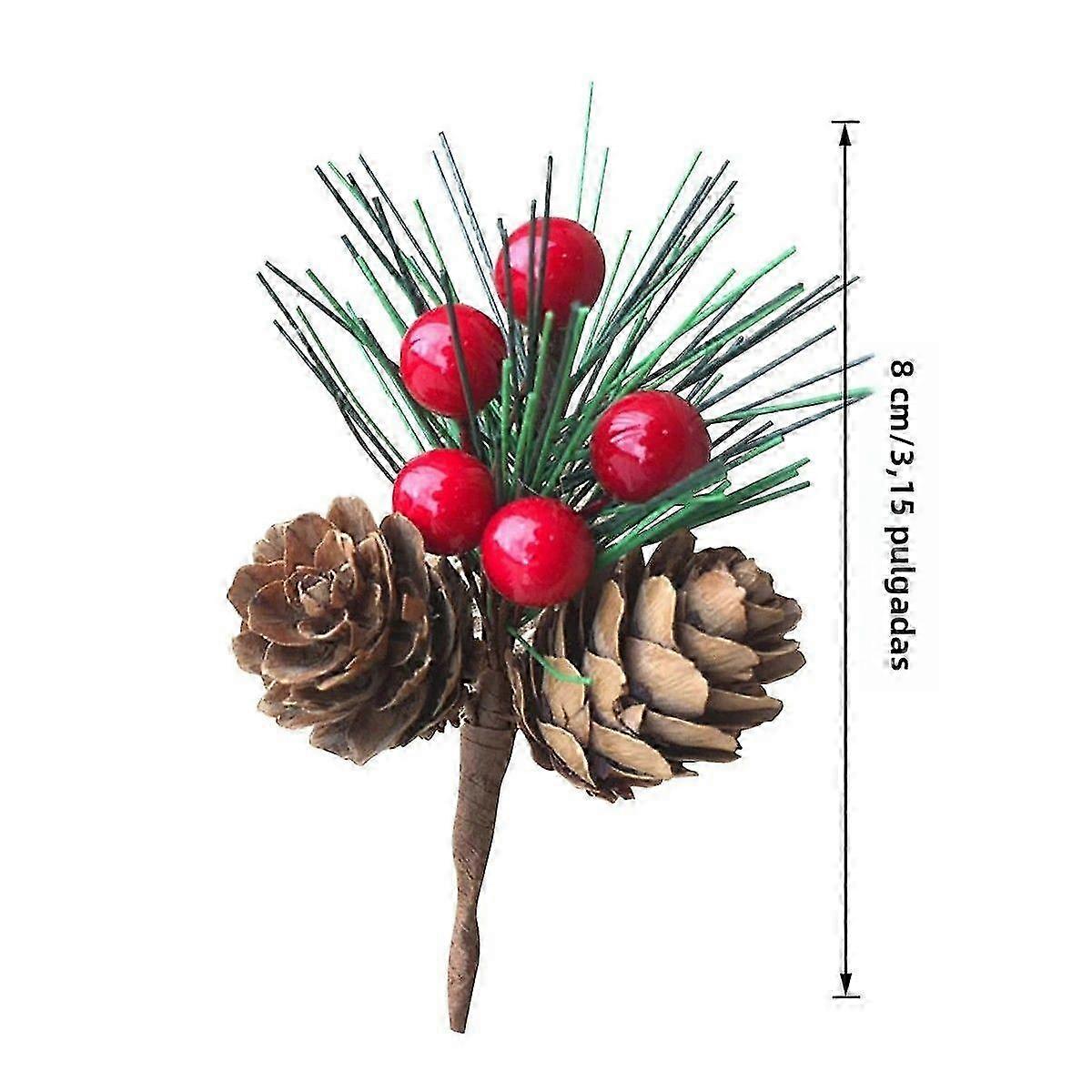 10Pcs Artificial Pine Branches with Red Berries and Cones for DIY Christmas Decorations