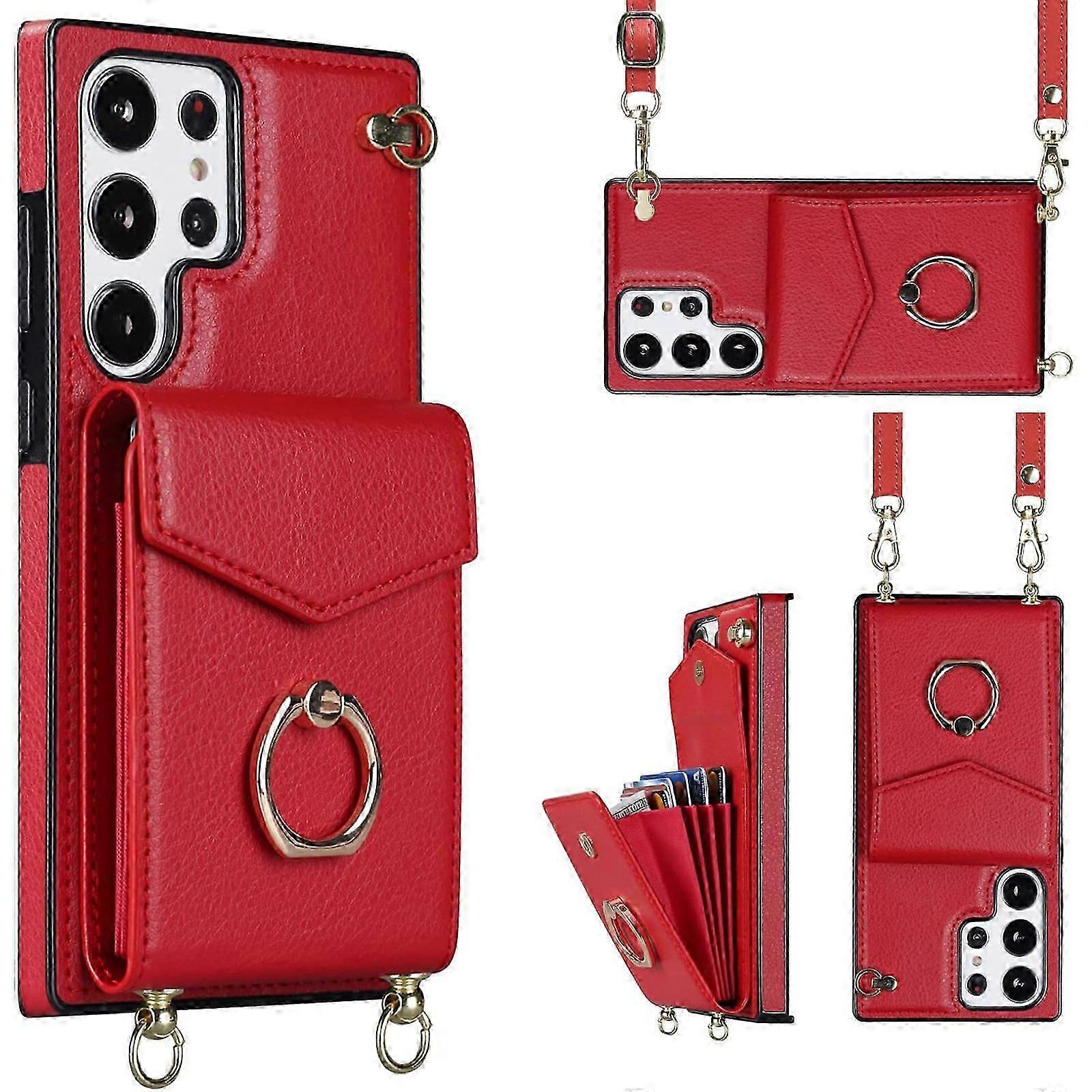 para Samsung Galaxy S24 Minimalist Wallet Case com Ring Kickstand e Alça de Ombro, Shockproof Capa protetora elegante para Samsung Galaxy S24