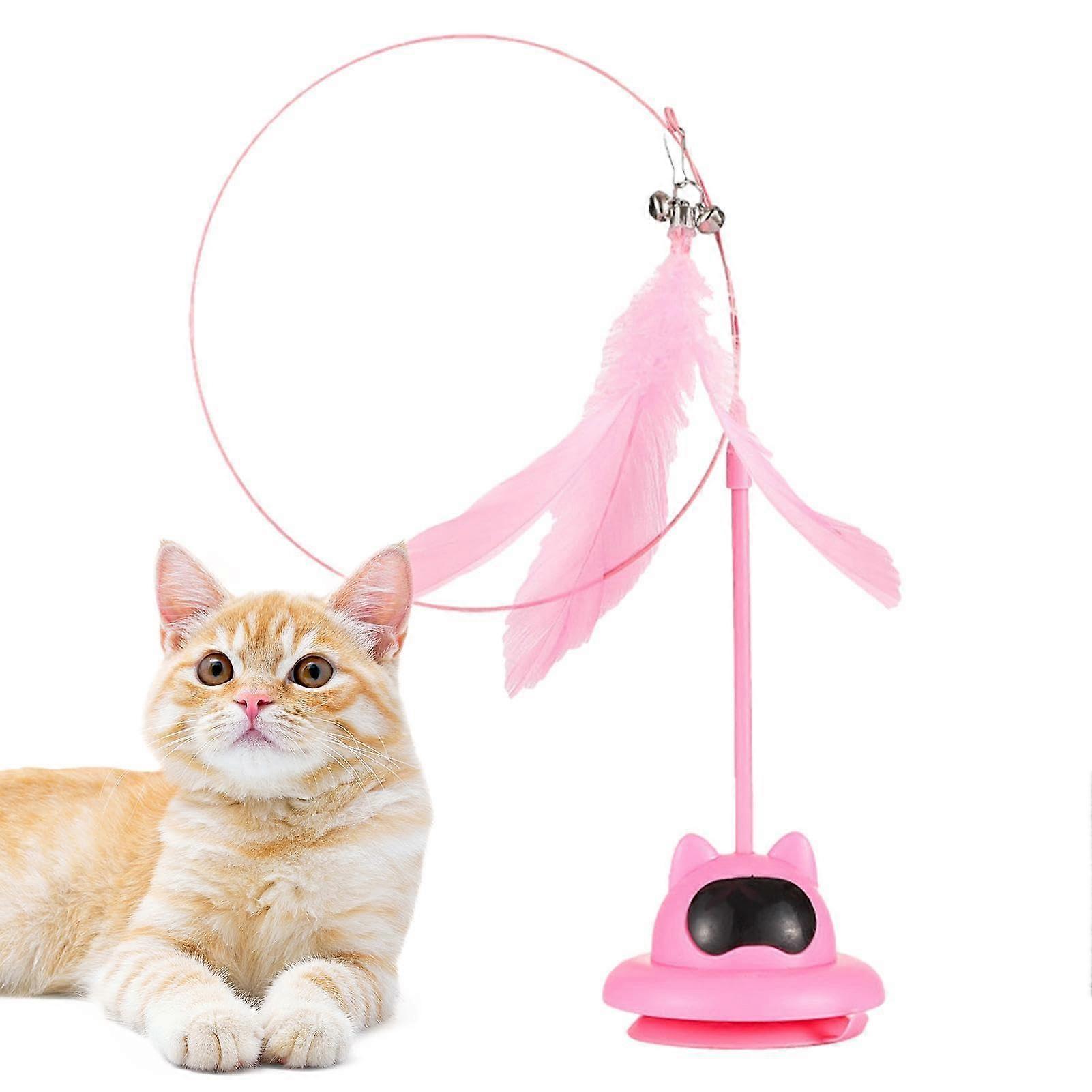 Interactive Cat Feather Toy Suction Cup Wand With Natural Bird Feather Ball Colorful Feathers Automatic Hands-Free Pink