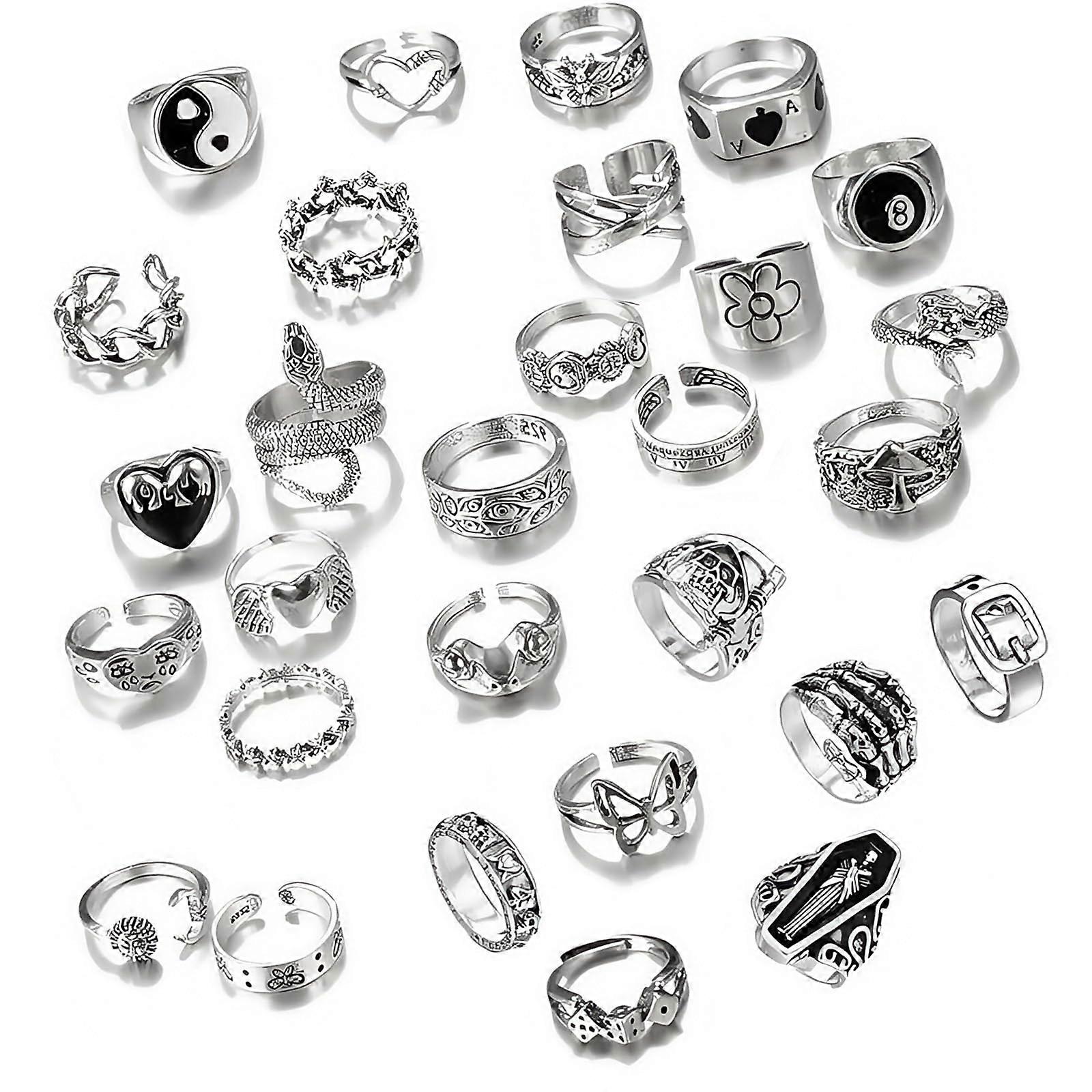 29 Piece Ring Set Y2K Emo Accessories Unisex Silver Rings Skull Flower Snake Pattern Jewelry Synthesis
