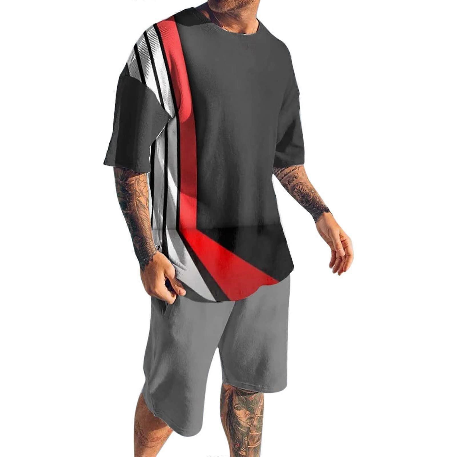 Men's Colour Block Sports Suit T-Shirt Set 2-Piece XL Grey Breathable Lightweight Jogging Outfit Short Sleeve Shorts