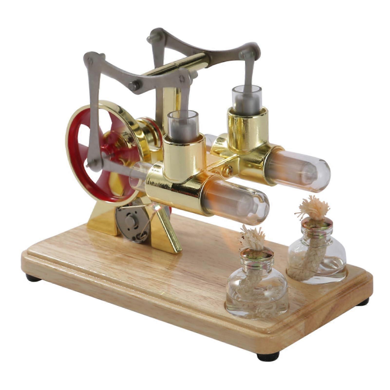 Stirling Engine Double-Cylinder Balance With Oak Base Plate Drip Handcrafted Kit Gold For Educational Demonstrations